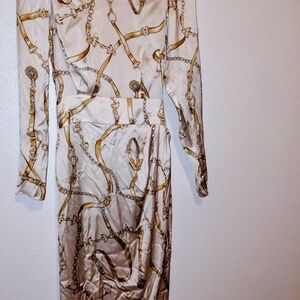 RONNY KOBO SIZE SMALL Chain-Print Long Sleeve Midi Dress in Cream and Gold